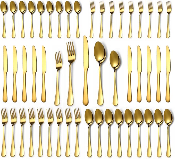 Lazycorner 50 Pcs Gold Silverware Set for 10, Food Grade Stainless Steel Flatware Set Include Fork/Knife/Spoon, Mirror Polished Eating Utensils Sets, Reusable Silverwear Cutlery Set, Dishwasher Safe