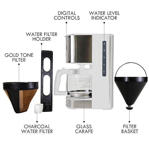 Kenmore Drip Coffee Maker - 12 Cup Programmable Cafe Machine With Glass Pot, Regular & Bold Brew, Auto Shut Off Large Water Reservoir, Reusable Filter, Kitchen Appliances For Cafeteria Barista, White