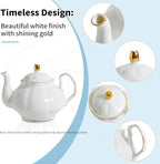 27oz White Porcelain Teapot with Gold Trim, Classic Ceramic Teapot for Loose Leaf Tea & Tea Bags, Elegant Small Teapots for Daily Use or Gifts