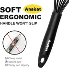 Anaeat Silicone Kitchen Whisk Set of 4, Perfect for Non-Stick Cookware, Egg Beater Milk Blender for Whisking, Cooking, Baking, Beating - 11'' Flat Whisk and 8.5''+10.5''+12'' Balloon Whisks (Black)
