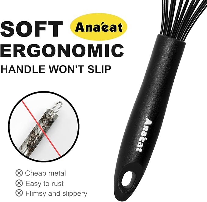 Anaeat Silicone Kitchen Whisk Set of 4, Perfect for Non-Stick Cookware, Egg Beater Milk Blender for Whisking, Cooking, Baking, Beating - 11'' Flat Whisk and 8.5''+10.5''+12'' Balloon Whisks (Black)