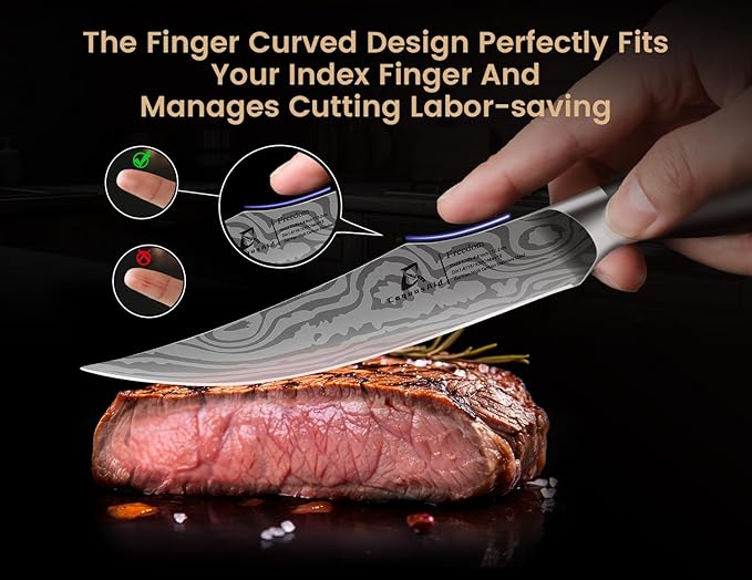 Steak Knives Set of 8 with Block Built-in Sharpener, 4.8 Inch Non Serrated Razor-Sharp Durable Dinner Knives, German Stainless Steel Damascus Pattern Full Tang Forged, Easy to Maintain