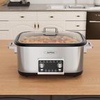Sunvivi 8 Quart Slow Cooker Roaster Oven, 12 in 1 programmable Multi-Cooker Food Warmer with Digital Timer, Temp Control, Removable Cast Aluminum Pot & Dishwasher-Safe Tempered Glass Lid, Stainless
