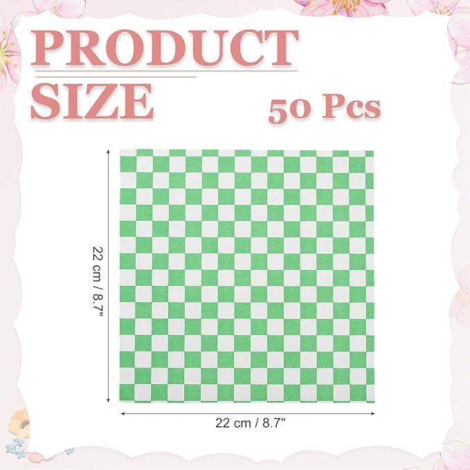 PATIKIL 8.7" x 8.7" Waxed Paper Sheets, 50Pcs Square Pattern Oil-absorbing Dry Food Wrapping Paper for Bakery Coffee Shop Home Baking Kitchen DIY, Green