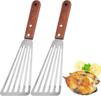 Stainless Steel Fish Spatula with Wooden Handle, Metal Spatula Flipping Foods, Slotted Fish Flipper, Brown 2 Pack