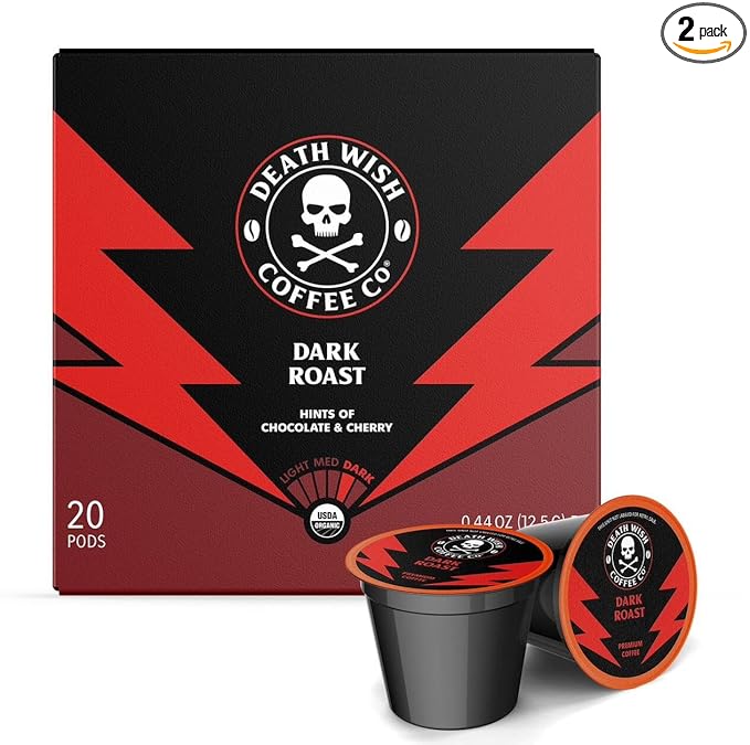 Death Wish Coffee, Single Serve Pods - Dark Roast Coffee Pods - Made with USDA Certified Organic, Fair Trade, Arabica and Robusta Beans (20 Count)