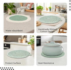Encasa XO Round Trivet Mats for Hot Dishes with Hanging Loop | Sage Combo - Set of 6 with 7 inch Diameter | Cotton Round Thick Heat Resistant Pot Holders | Use Hot Pads Plate Mats for Hot Pots & Pans