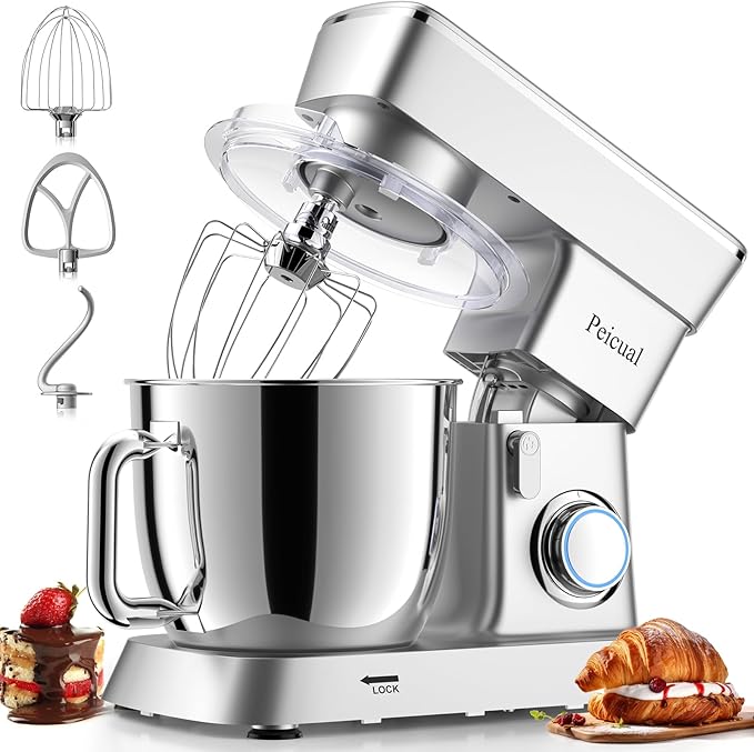 Stand Mixer, 6QT 10+P Speed Tilt-Head Kitchen Electric Mixer, Food Mixer with Stainless Steel Bowl, Dough Hook, Flat Beater, Wire Whisk, Splash Guard for Daily Use - Silver