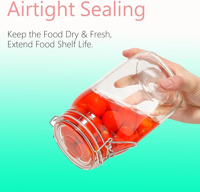 50oz Square Glass Food Storage Jars Storage Container with Clear Preserving Seal Wire Clip Fastening for Kitchen Canning Flour, Cereal, Pasta, Sugar, Beans