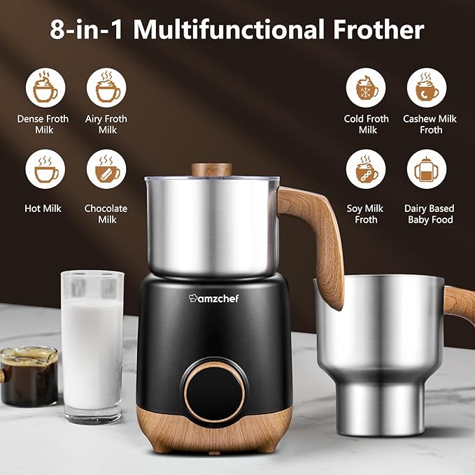 AMZCHEF Milk Frother Steamer, 8-in-1 IH Induction Heating Frother with 2 Cups (21oz & 13.5oz), Automatic Cold Foam & Heated Milk Maker for Latte, Cappuccino, Hot Chocolate