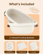 Feagar Banneton Bread Proofing Basket Set - 2 Pack Oval Cotton Rope Bread Basket with Liners, Covers & Proofing Cloth for Artisan Bread Baking, Sourdough Bread Baking Supplies
