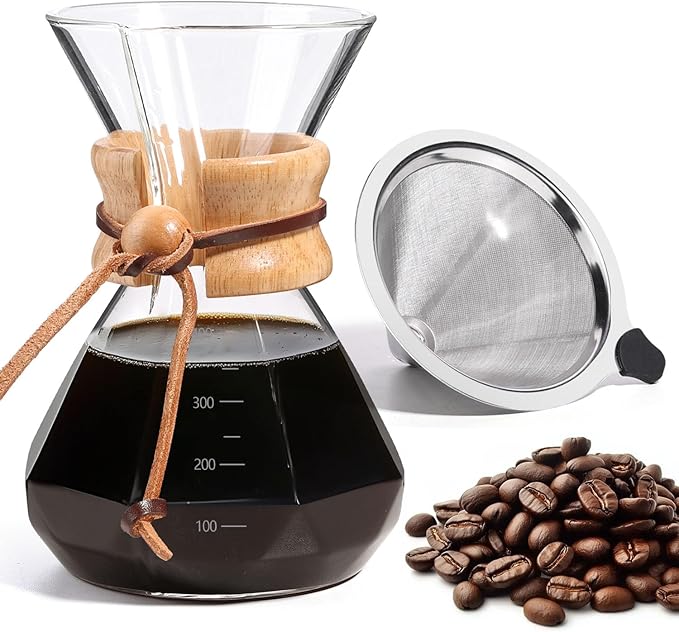 Pour Over Coffee Maker 14 OZ, 4 Cup Borosilicate Glass Drip Coffee Maker with Reusable Stainless Steel Filter and Cork Grip for Home Café 400 ML (Diamond Shape)