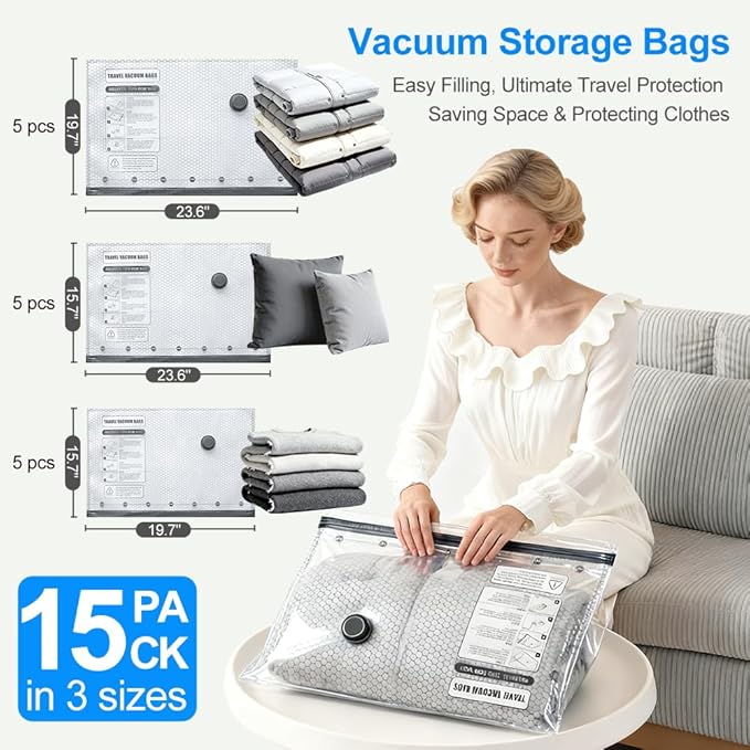 15 Pack Vacuum Seal Bags for Clothing Travel with Wireless Electric Air Pump, 5 Large +5 Medium +5 Small, Reusable Space Saver Bags for Luggage and Suitcase, Cruise & Travel Essentials