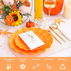 LIYH 50 Pcs Heavy Duty Thanksgiving Plates Orange Scalloped Plastic Plates Reusable Unbreakable Halloween Plastic Plate for Thanksgiving & Halloween Day, Dishwasher Safe BPA Free (25Guests)