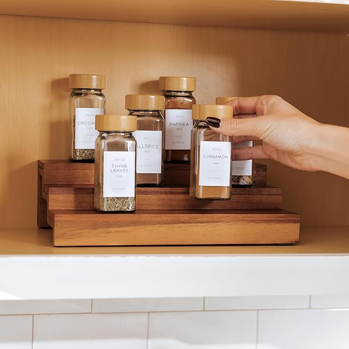KitchenEdge Expandable Spice Rack Organizer for Cabinet, 3-Tier Shelf for Spice Organization (11” to 22”), Fits 36 Spice Jars, Seasoning and Pantry Storage, Non-Slip Feet, 100% Acacia Wood