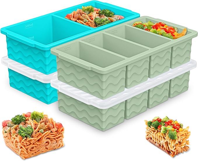Silicone Freezer Molds for Soup with Lid, 1-Cup & 2-Cup Large Ice Cube Trays Food Storage Containers for Meal Prep, Freeze 250mL/125mL Portions – 2 Pack (1-Cup Green&2-Cup Blue)