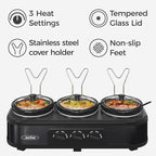 Sunvivi Triple Slow Cooker Buffet Servers and Warmer,3 Pot Food Small Mini Manual Slow Cooker with Adjustable Temp Stainless Steel Lid Rests,Removable Ceramic Pot, 3 * 1.5 Quarts Black