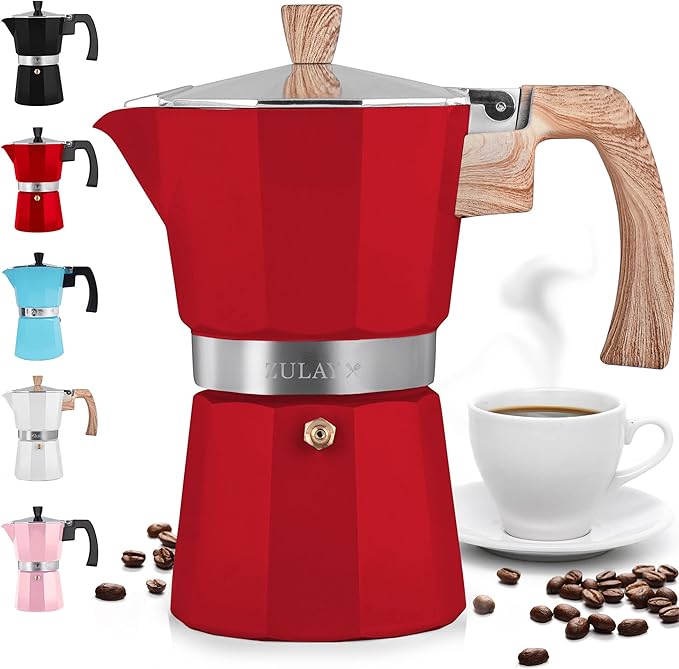 Zulay Kitchen Stovetop Espresso Maker - Moka Pot 6 Espresso Cups - Percolator Coffee Maker for Classic Cuban & Italian Style Espresso - Portable Coffee Maker for Camping & Travel - (Red)