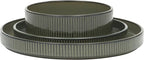 Gibson Elite 12 Piece (Service for 4) Townscape Plates and Bowls Reactive Glaze Embossed Round Dishes Terracotta Ceramic Dinnerware Set - Dark Green
