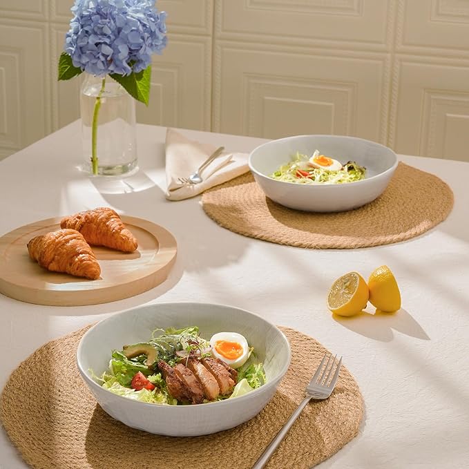 famiware Moonlight 8.5 Inch Pasta Bowls Set of 4, 32oz Serving Bowls for Kitchen, Soup Bowl with Linen Finish, Large Stoneware Bowls for Festivals, Housewarming, Dinnerware, White