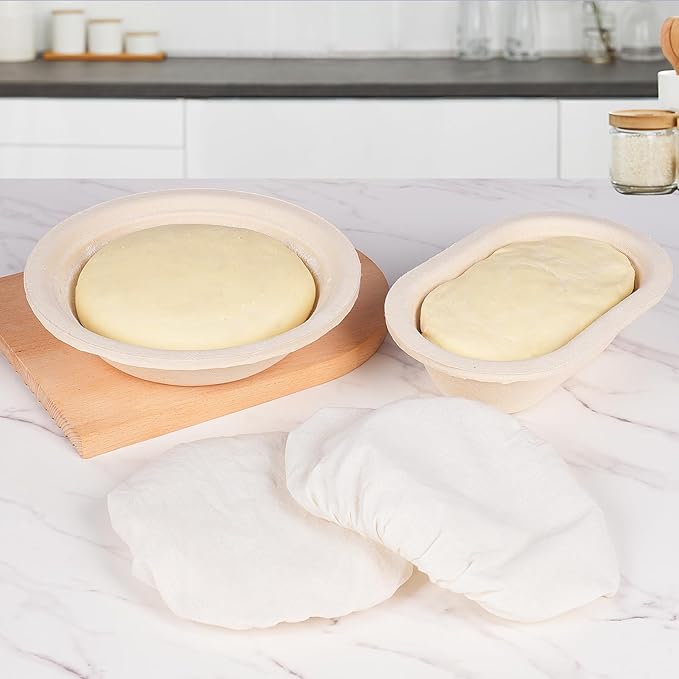 Non-Stick Oval Wood Pulp Banneton Bread Proofing Basket Set Of 2, Sourdough Banneton Basket Kit, Bread Making Tool Sourdough Starter Kit with Proofing Bowl, Cover, Dough Whisk, Lame, Scraper