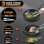Walfos 600 Degree Heat Resistant Silicone Tongs for Cooking - Kitchen Tongs With Silicone Tips set of 3 size Food Looking Tongs (7" 9" and 12 inch Dark Grey)