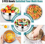 P&P CHEF Mixing Bowl with Lids Set of 3, Stainless Steel Nesting Salad Bowls for Serving Preparing, 3 Grater Attachments & Non-Slip Bottoms, Size 1.5/2.6/4.6 QT, Blue