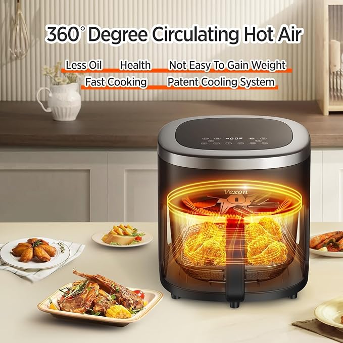 Glass Air Fryer,4.5QT Air Fryer with Viewing Glass Pot, Air Fry, Roast, Reheat, Dehydrate, Air Crisp Technology,Nonstick & Dishwasher Safe Basket,97% Less Oil,Features Digital Timer