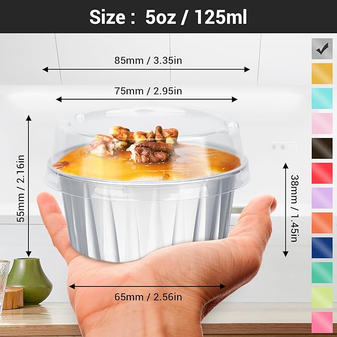 EUSOAR Disposable Creme Brulee Ramekins, Silver 25Packs 5oz Baking Cups with Lids Mini Muffin Liners, Dessert Cheesecake Pan Creme Brulee Cupcake Containers for Catering Gathering Club Wedding Party