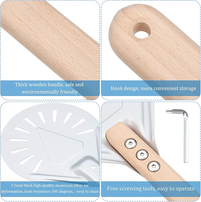 Pizza Turning Peel Perforated Pizza Turner Round Metal Aluminum Turning Peel Paddle with 16 Inch Anti-scalding Non-slip Durable Wooden Handle for Homemade Bread Bakers Oven Accessories(7 Inch)