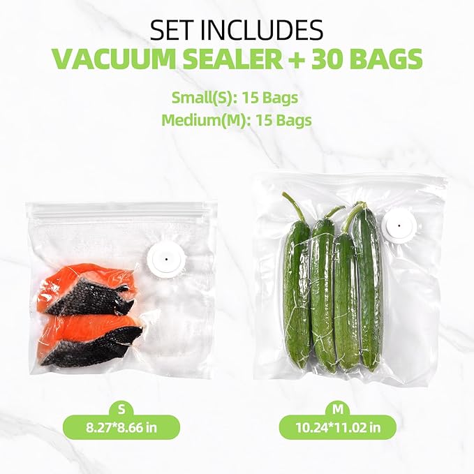 Vacuum Sealer for Food, with 30 Reusable Vacuum Bags, Handheld Vacuum Sealer with Auto-Stop、Detachable Filter and Visible Water Tank, Seal Meal Saver
