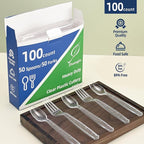 100 Count Extra Heavy Duty Clear Plastic Forks Disposable, BPA-Free, Heat Resistant, Durable Disposable Forks Bulk for Catering & Events 、Party Supplies