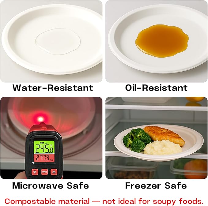 9 Inch Compostable Paper Plates 【White150 Pack】,100% Sugarcane Bagasse Medium Disposable Plates, Sturdy Heavy Duty, Biodegradable Dinnerware for Party, BBQ, Picnic, Camping
