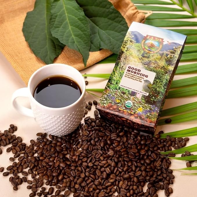 Low Acid Organic Coffee – Whole Bean, Mold-Free & Stomach Friendly by Java Planet, Good Morning Blend Coffee, Medium Roast, Smooth Full Flavored, 5LB Bag