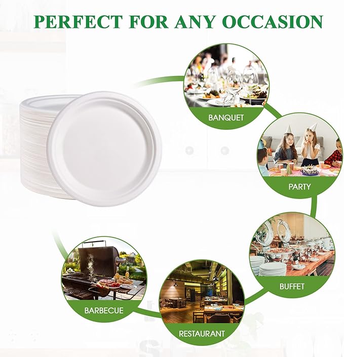 Vplus 500 Pack Paper Plates 9 inch 100% Compostable, Heavy-Duty Disposable Paper Plates Bagasse Natural Biodegradable Eco-Friendly Sugarcane（White）