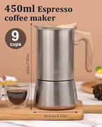 Sivaphe Stovetop Espresso Maker Stainless Steel 9 Cups, Induction-Capable Mocha Pot 450ml, Coffee Percolator with Replacement Silicone Gasket Steel Filter and Instructions (1 Cup=50ml)