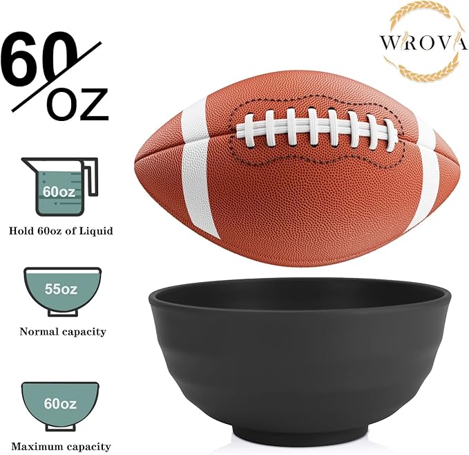 Wheat Straw Bowls Set 60 OZ Unbreakable Large Cereal Bowls Set of 6 Microwave and Dishwasher Safe Bowls Big Bowls for Camping and Picnic BPA Free Soup Bowl for Serving Oatmeal and Salad. Black