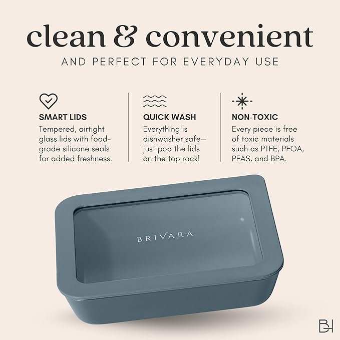 Ceramic Coated Glass Food Storage Container | No PTFE, PFOA, PFAS, and BPA | Reusable Non Toxic Meal Prep Container with Glass Lid | Easy To Store | 5 Cup Square [Dusk]