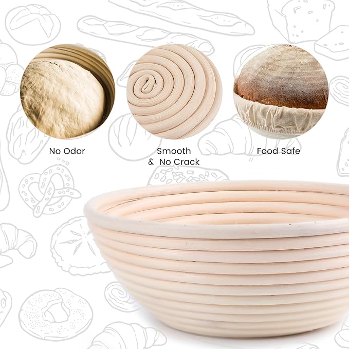 Round Bread Dough Proofing Rising Rattan Baskets(Set of 2, 9 inch) w/Liners for Home Sourdough Bread Bakers