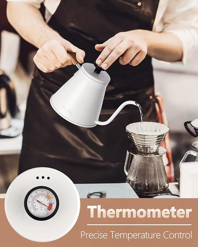 Harriet Gooseneck Kettle with Thermometer for Pour Over Coffee and Tea, 37 fl oz, Stainless Steel, Durable 3-Layer Base, Ideal Spout for Precision Pouring, Compatible with all Stove Tops, White