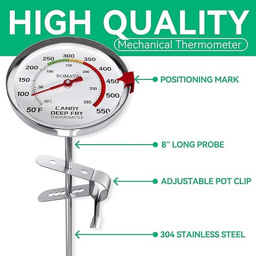 BOMATA Waterproof IP67 Candy Thermometer with Pot Clip, Deep Fry Oil Thermometer with Upgraded 2.5in Large Display for Cooking, Food, Turkey, BBQ, Grill... Mth400
