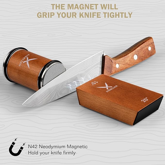 Knife Sharpener Tool, Rolling Knife Sharpener Kit, Knife Sharpening with Diamonds and Ceramic for Steel of Any Hardness, Kitchen knife Sharpener with 15 & 20 Degree Magnetic Angle(Brown)