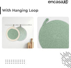 Encasa XO Round Trivet Mats for Hot Dishes with Hanging Loop | Sage Combo - Set of 6 with 7 inch Diameter | Cotton Round Thick Heat Resistant Pot Holders | Use Hot Pads Plate Mats for Hot Pots & Pans