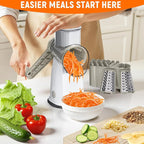 Rotary Cheese Grater Hand Crank with 5 Interchangeable Blades, Vegetable Slicer Chopper for Fruit Vegetable Nuts, Mandoline Slicer for Kitchen with Blades Rack & Suction Base, White