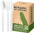 Compostable Utensils Set (300Pack), Heavy Duty & Eco-Friendly No-Plastic Spoons, Forks, Knives Cutlery Set - 100% Disposable Cornstarch Flatware for Lounge Party Wedding BBQ Picnic Camping