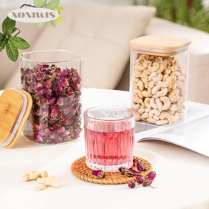 37oz 6PCS Glass Storage Containers with Lids, Glass Jars with Lids Pantry Food Storage Jars, Square Canister For Cookie, Nuts, Snack, Cereal, Candy, LeafTea, Coffee, Spice