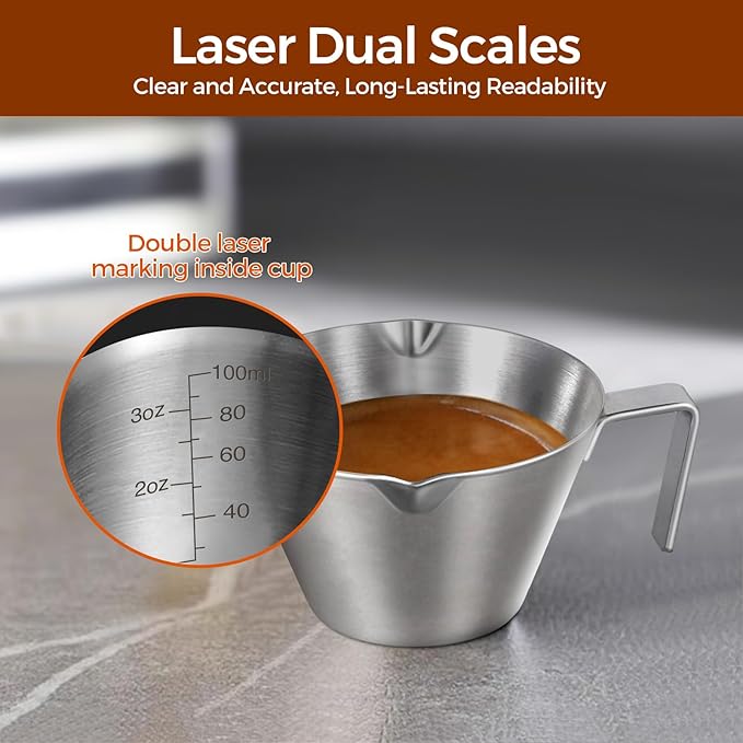 2Pcs Stainless Steel Espresso Cup, Double Spout Metal Espresso Measuring Cup with Handle, 3.4oz/100ml V-Shaped Mouth with Dual Scale (Silver+Black)