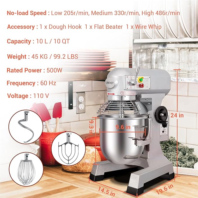 10 QT Dough Mixer, Food Commercial Industrial Grade Stand Mixer with Stainless Steel Bowl and 3 Types of Mixing Tools, Built for Professional Baking: Effortlessly Handles Large Recipes