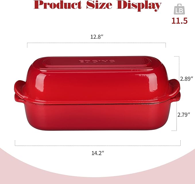 Enameled Cast Iron Loaf Pan with Lid, Dutch Oven Bread pan for Homemade Sourdough Bread Baking, 12.5x5.5 inch, 5qt, Red