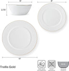 Mikasa Trellis Gold Rim Bone China Lightweight Chip Resistant 12 Piece Dinnerware Set, Service for 4